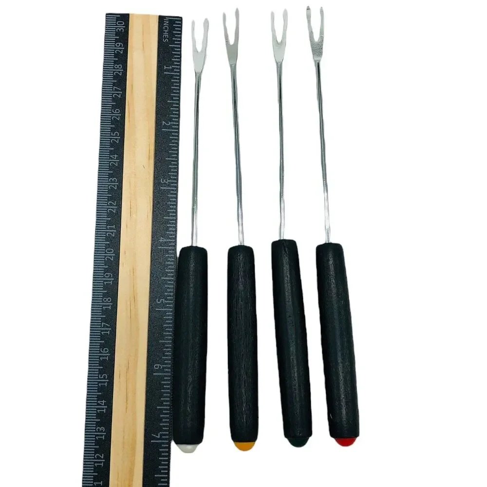 VTG 60s Fondue Forks Stainless Steel Black Woodgrain Handle Multicolor Set Of 4